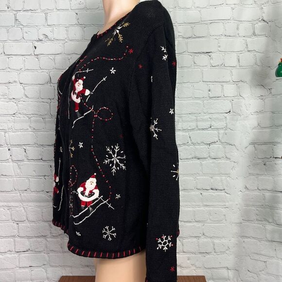 Skiing Santa Holiday Black Embroidered Cardigan Sweater XL Christmas - Picture 3 of 6